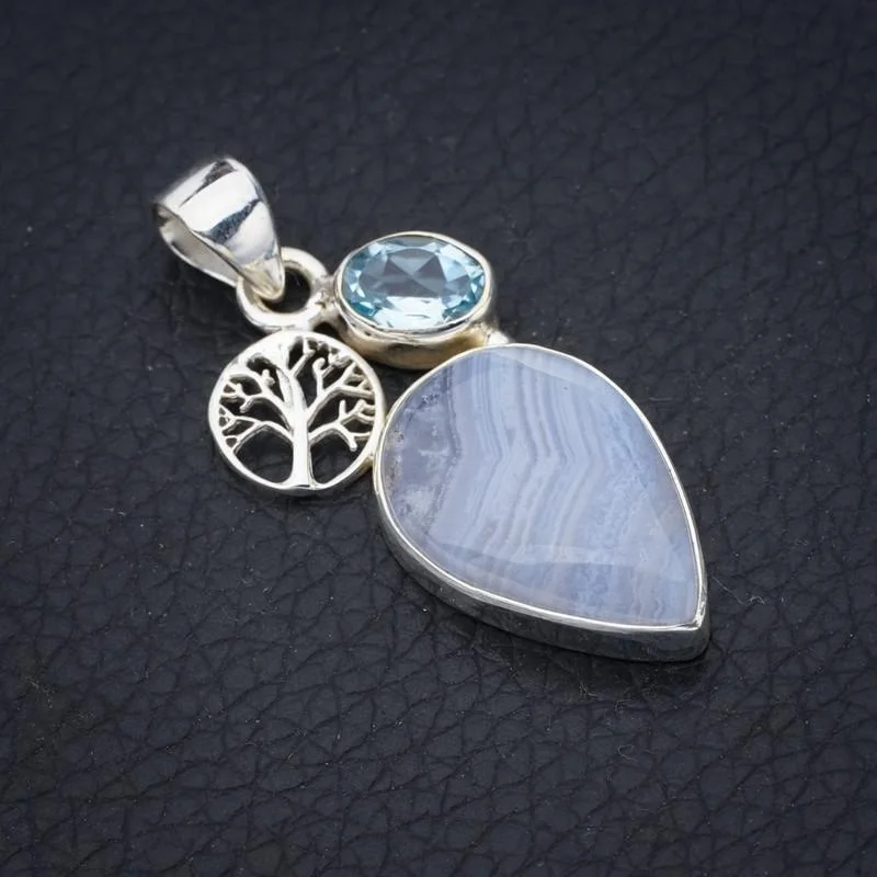 

StarGems Blue Lace Agate Blue Topaz Tree Handmade 925 Sterling Silver Pendant 1.5" F4919