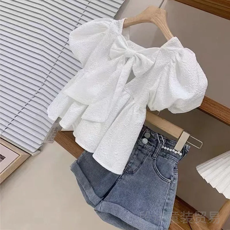 

Girls Clothes for Kids 2 Pieces Sets Blouse Shorts 2023 Summer Korean Fashion Solid Color White Cute Simple Style O-neck Bowknot
