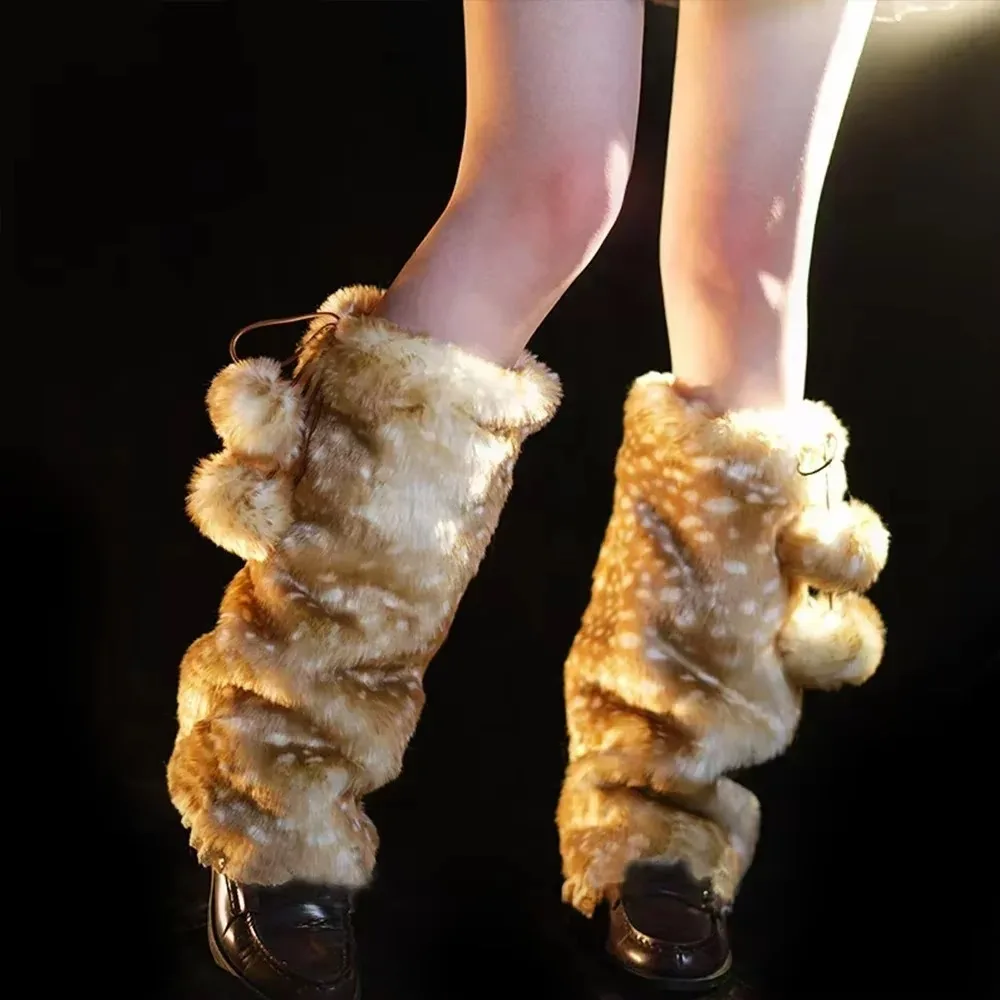 Faux Fur Plush Lace Winter Hat Leg Warmers Performance Costume Reindeer Furry Boots Socks Cover Thicken Chrismas Gifts 2
