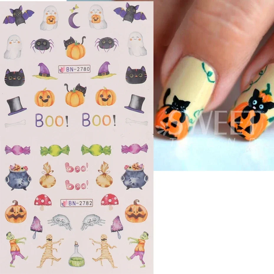 12pcs/set Halloween Spider Nail Stickers Water Decals Cute Holiday Cartoon Design Pumpkin Ghost Sliders for Manicure Decorations
