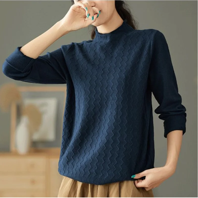 Fashion Retro Elegant Temperament Women's Top Autumn and Winter New Half High Neck Long Sleeve Solid Color Versatile Pullover