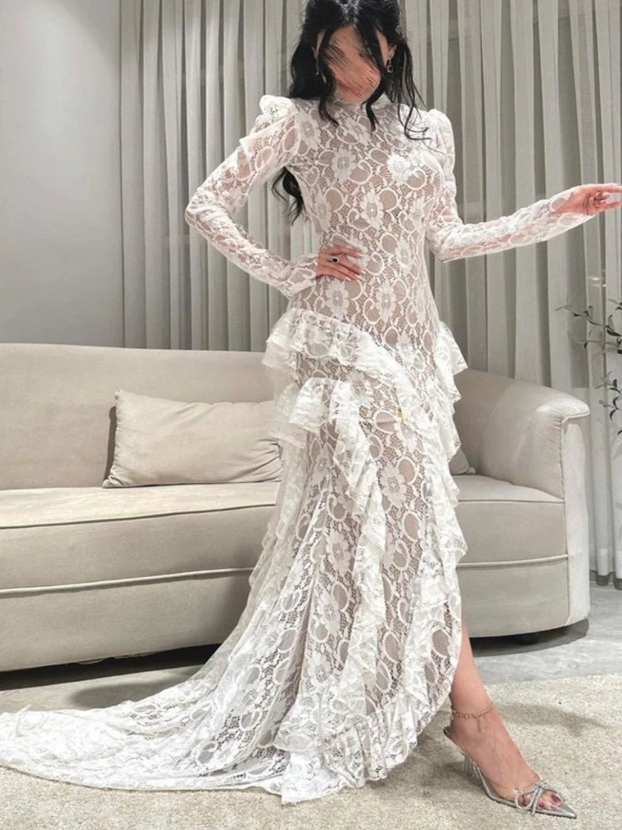 

Lovestory Ruffles Lace Saudi Arabia Prom Dresses High Collar Long Sleeves Formal Occasion Party Gowns Backless Evening Dress