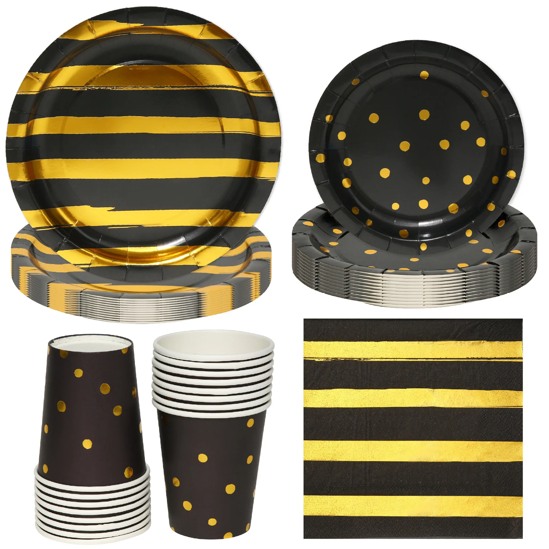 

Black Gold Dot Strip Disposable Tableware Gold Stamping Striped Plates Napkins Adults Happy Wedding Birthday Party Supplies