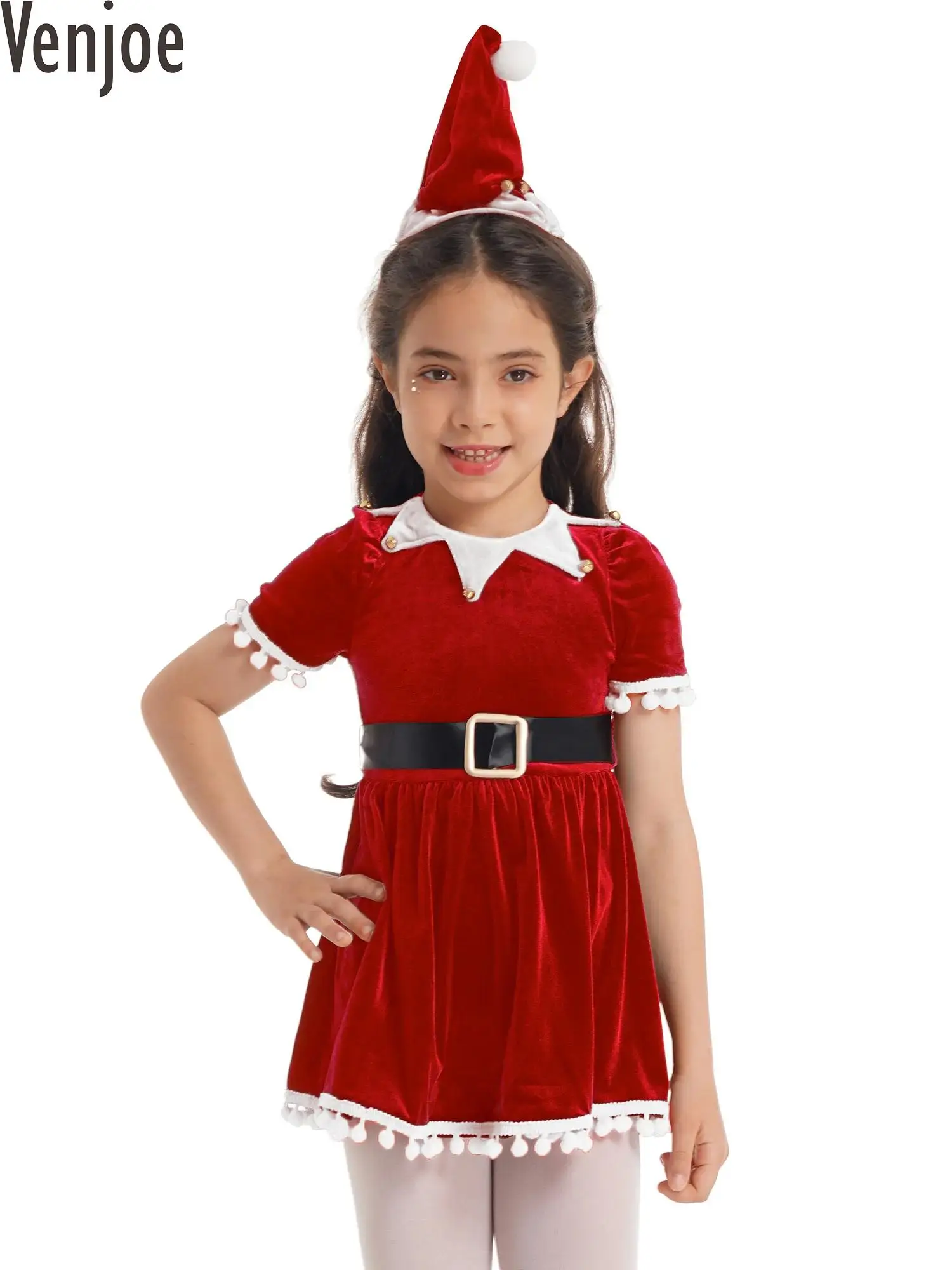 

Kids Girls Christmas Elf Cosplay Costume Santa Claus Dress Ruffled Sleeves Tassel Tutu Dress Hat Xmas Holiday Princess Dress