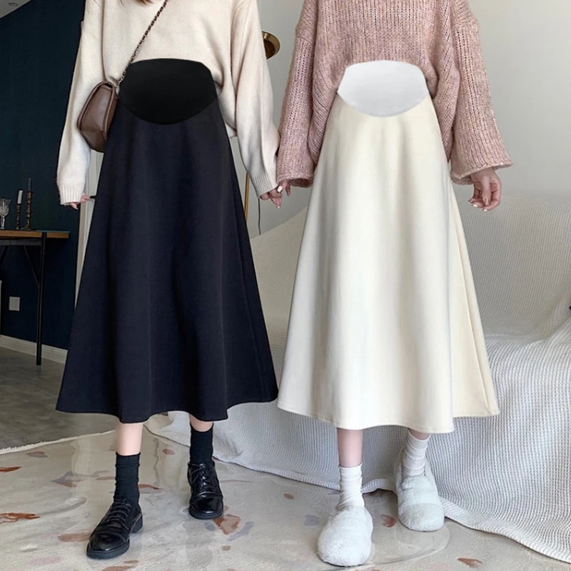 Woolen Maternity Skirts Autumn Winter Casual Warm Elastic Waist Belly Bottoms Clothes for Pregnant Women A Line Loose Pregnancy