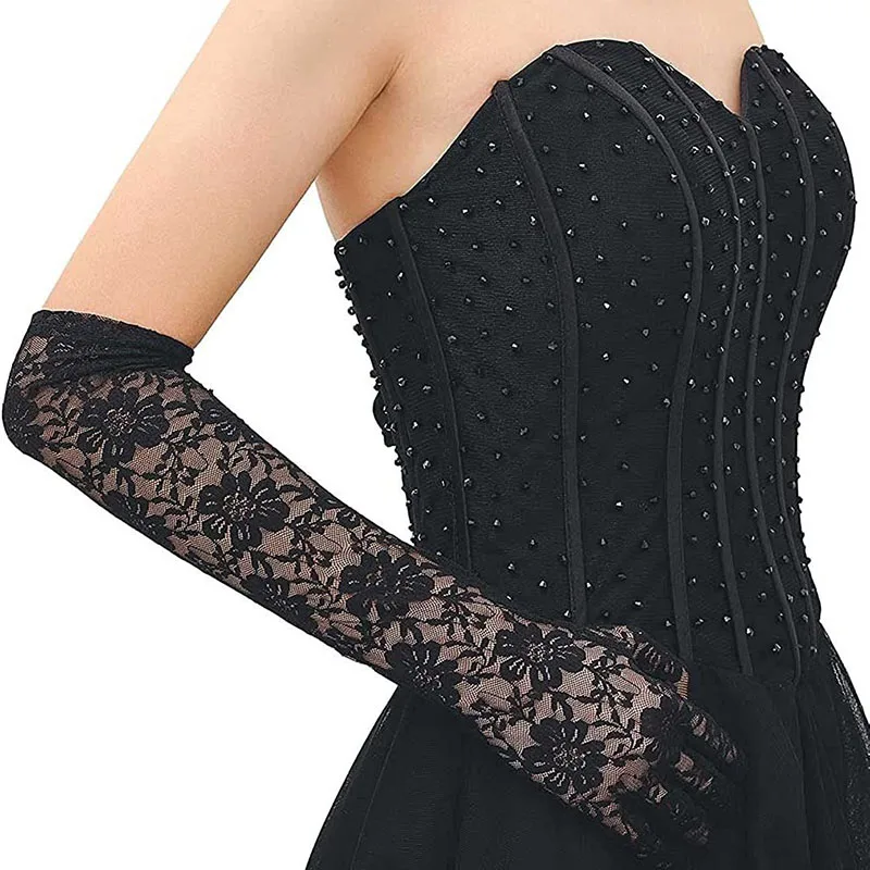 40cm Black White Y2 Cosplay Gloves Sexy Elasticity Transparent Lace Mesh Gloves Summer Fashion Elegant Women Long Driving Gloves