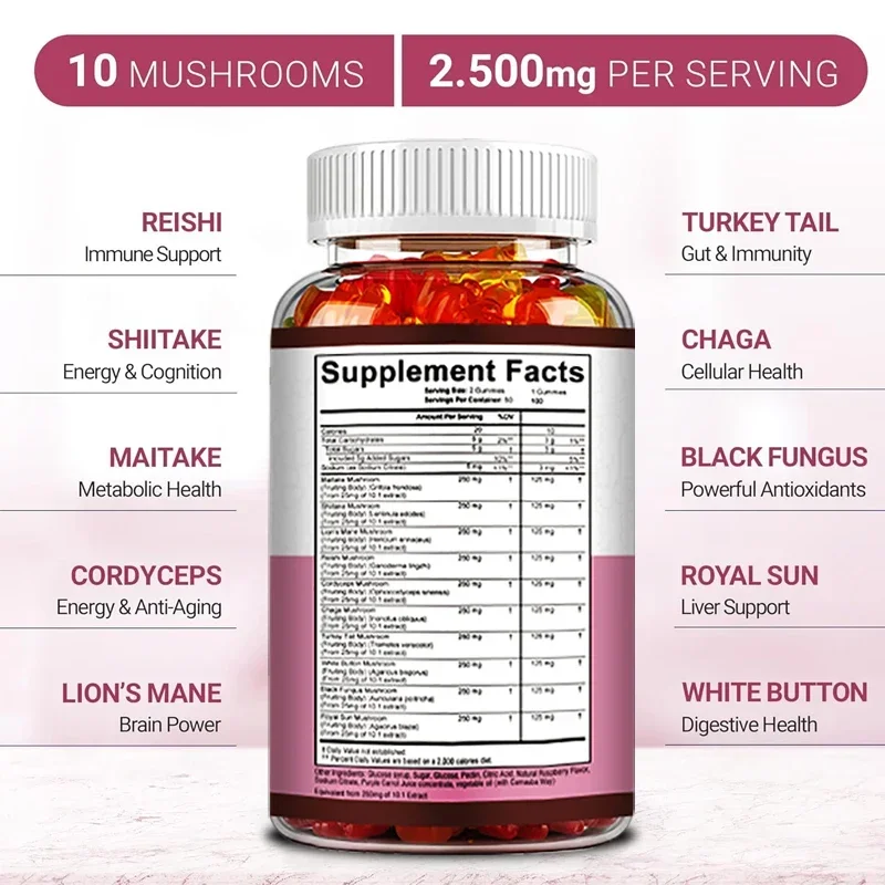 Mushroom Gummy Complex-Immune System and Mood Support with Maitake, Shiitake, Lion's Mane Mushrooms