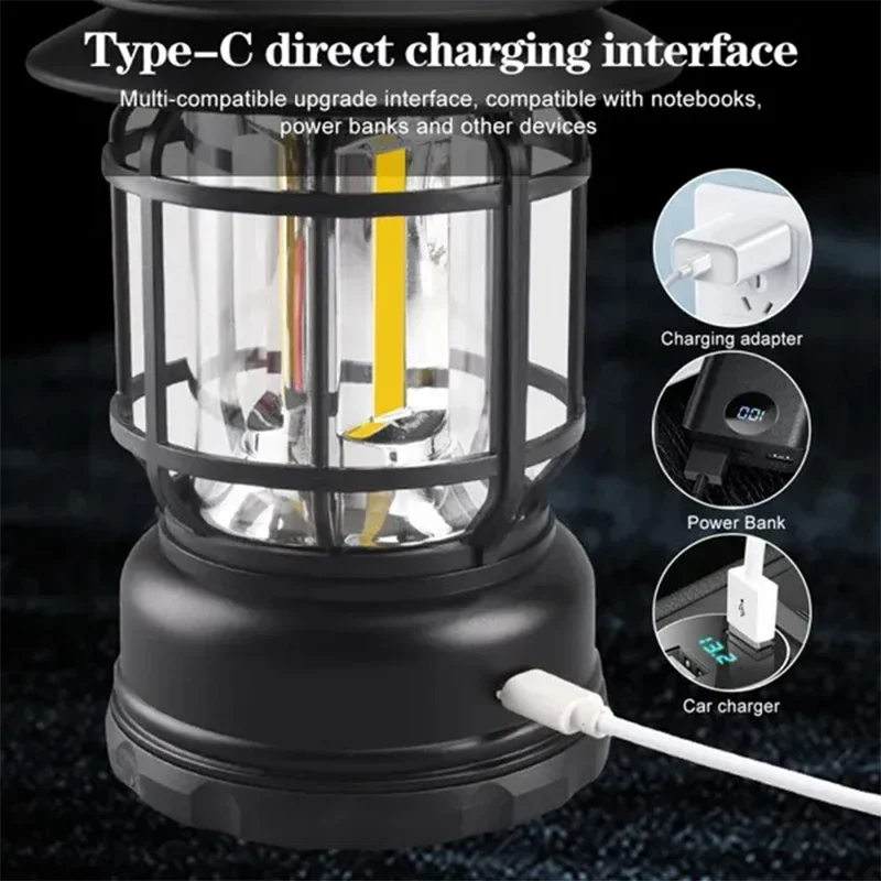 Description Picture 2 of item2Pack Camping Lantern USB Rechargeable Battery Powered Retro Camping Light Waterproof Hanging LED Tent Lamp for Hiking Fishing
