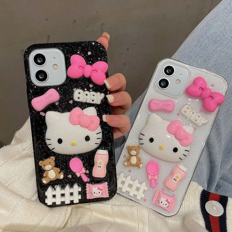 Sanrio Hello Kitty Ins 3D Bow Baby Phone Case For iPhone 15 14 13 Pro Max 11 12 Pro 7 8 Plus XR XS Max Cute Cover Y2K Anti Fall