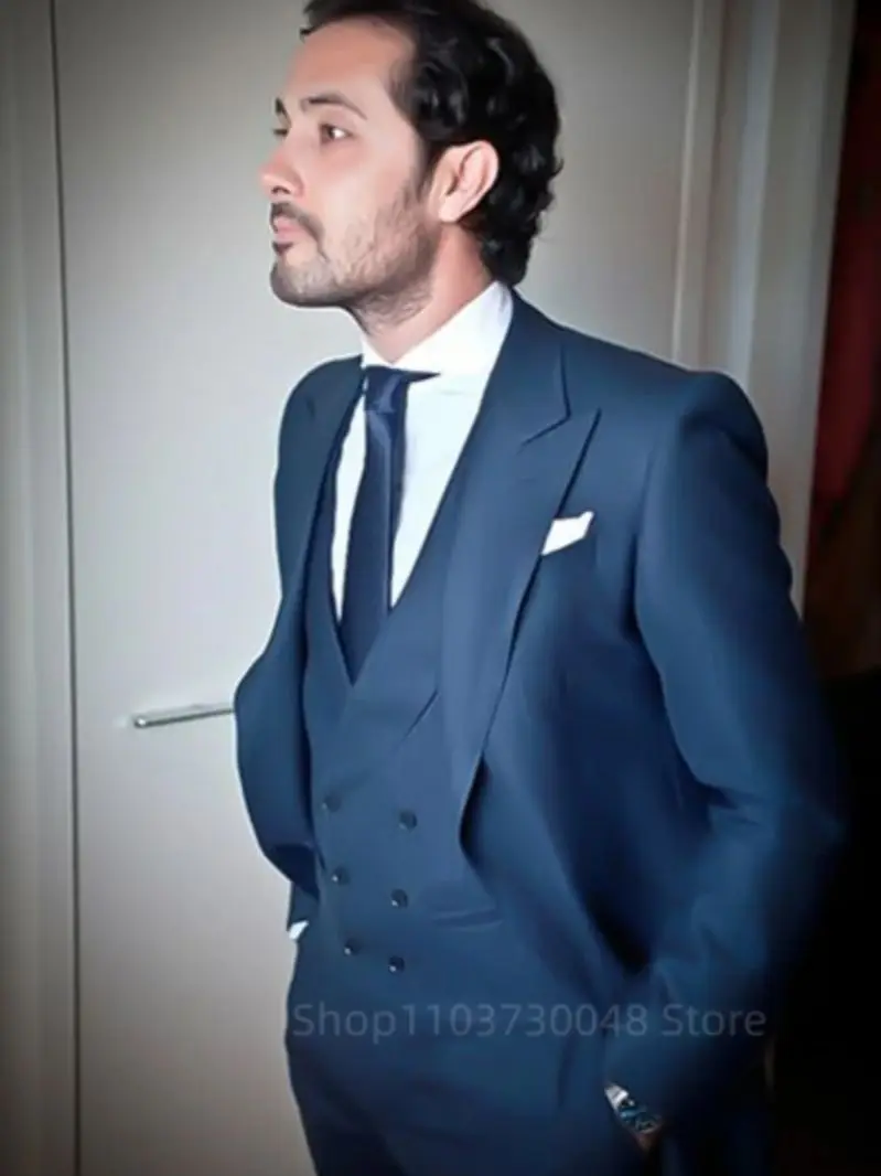 Blue Men's 3-Piece Tuxedo Suit Set High-Quality Peak Lapel Blazer Vest And Pants Wedding Business Gentleman's Suit for Party