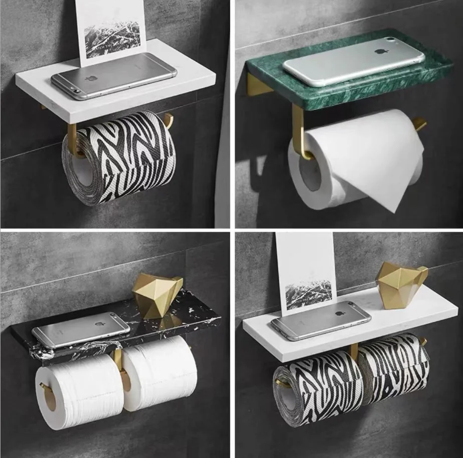 Luxury Double Marble Brushed Brass Toilet Paper Holder With Shelf Hotel Bathroom  Wall Mounted Paper Towel