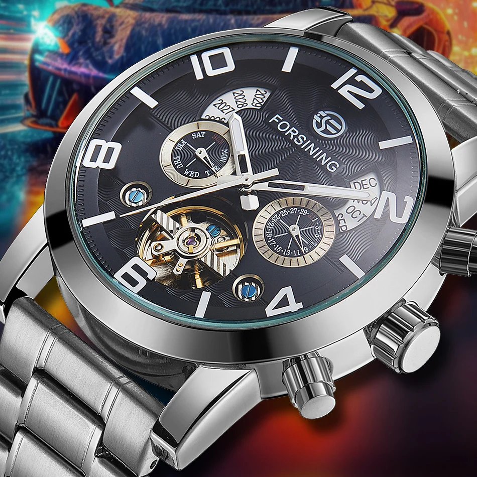 FORSINING Stainless Steel Strip Perpetual Calendar Tourbillon Automatic Movement Big Man Watch Mechanical High-end luxury Clock