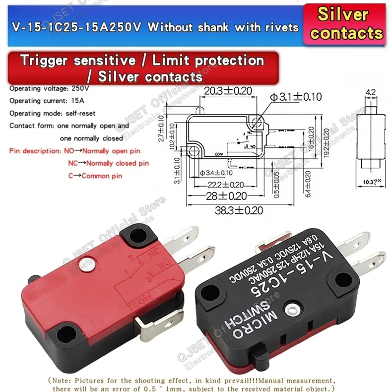 1PCS 15A250VAC SPDT Momentary Reise Grenze Micro Schalter 1NO1NC 3-Pin Hebel Roller V-15 -151-152-153-154-155-156-1C25 Mikroschalter – Detail 3
