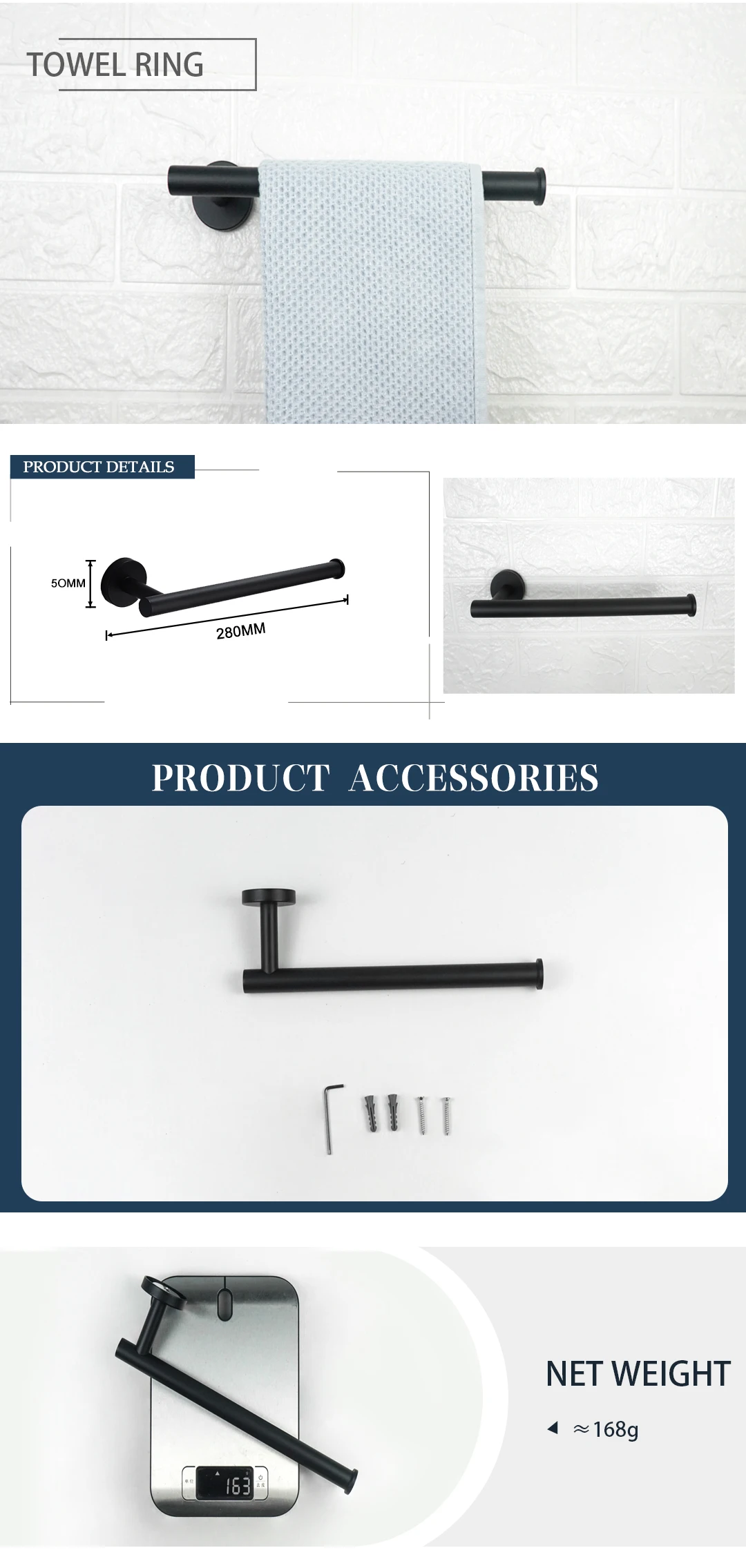 Description Picture 4 of itemMatte Black 4-Piece Set Bathroom Accessories 304 Stainless Steel Wall Mount Toilet Paper Holder Towel Bar Ring Robe Hook