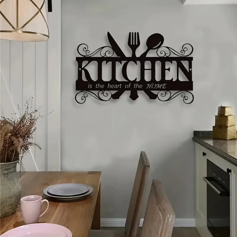 1pc Art Deco Inspired Black Metal Kitchen Wall Art - Elegant Family Theme Hanging Sign with Heartfelt Message 3