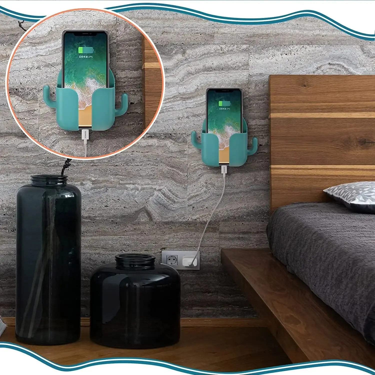 Punch-Free Wall Mount Phone Holder & Remote Organizer with Charging Stand