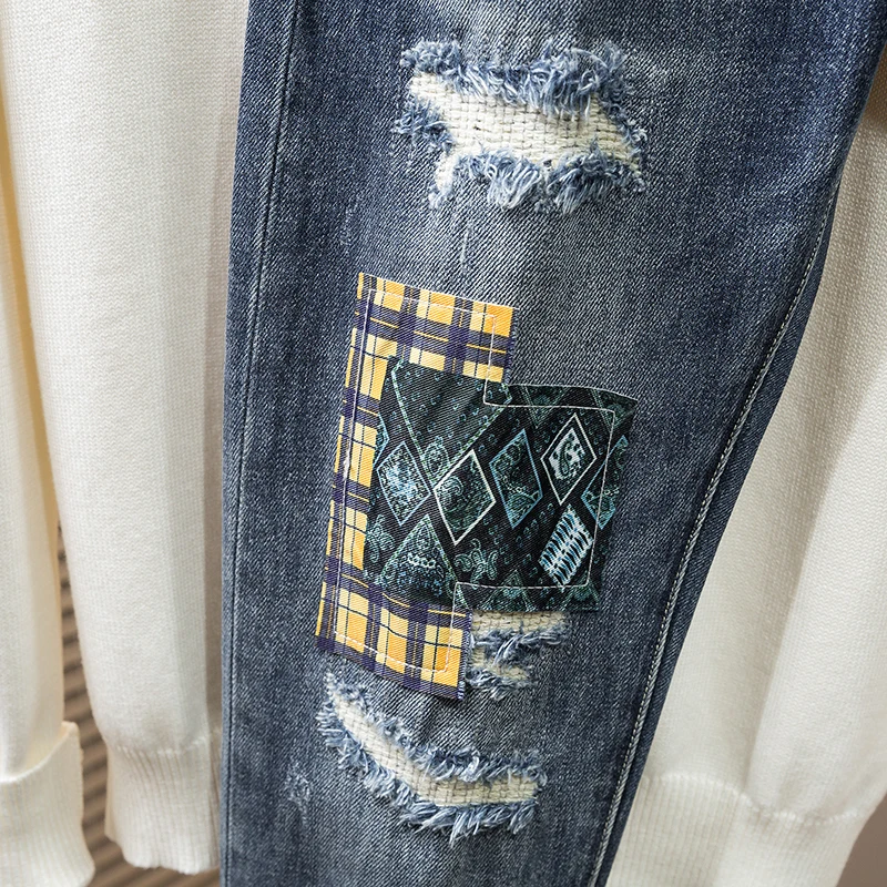 2024 New light luxury MEN'S jeans fashion splicing patch slim heavy embroidery plump handsome personality casual street denim