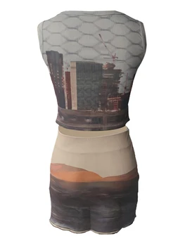 Women Summer 2 Pieces Outfits Fashion Print Sleeveless Crew Neck Tank Tops and Mesh Sheer Mini Skirts Set 2