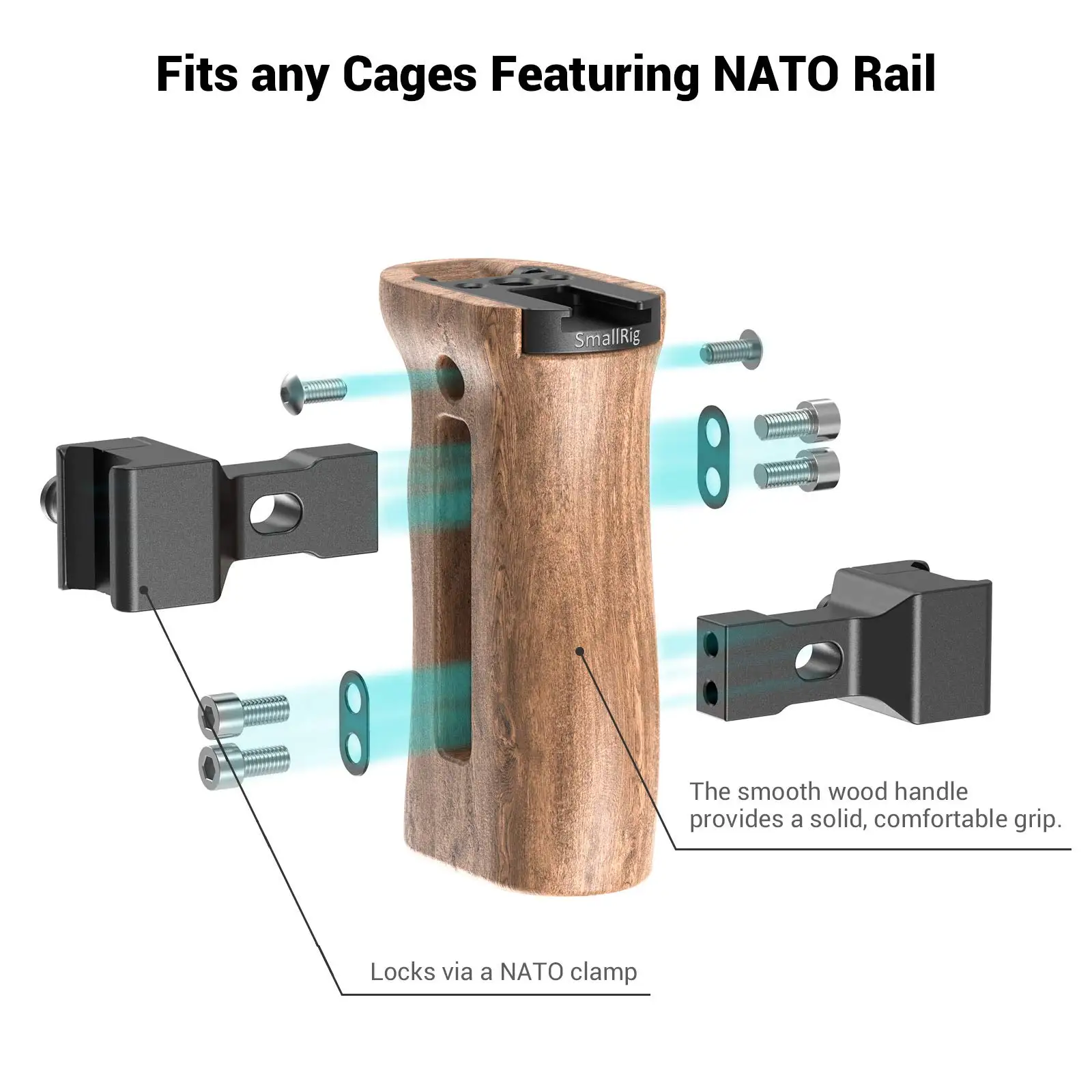 Universal Side Wooden NATO Handle Grip for DSLR Camera Cage w/Cold Shoe Mount an