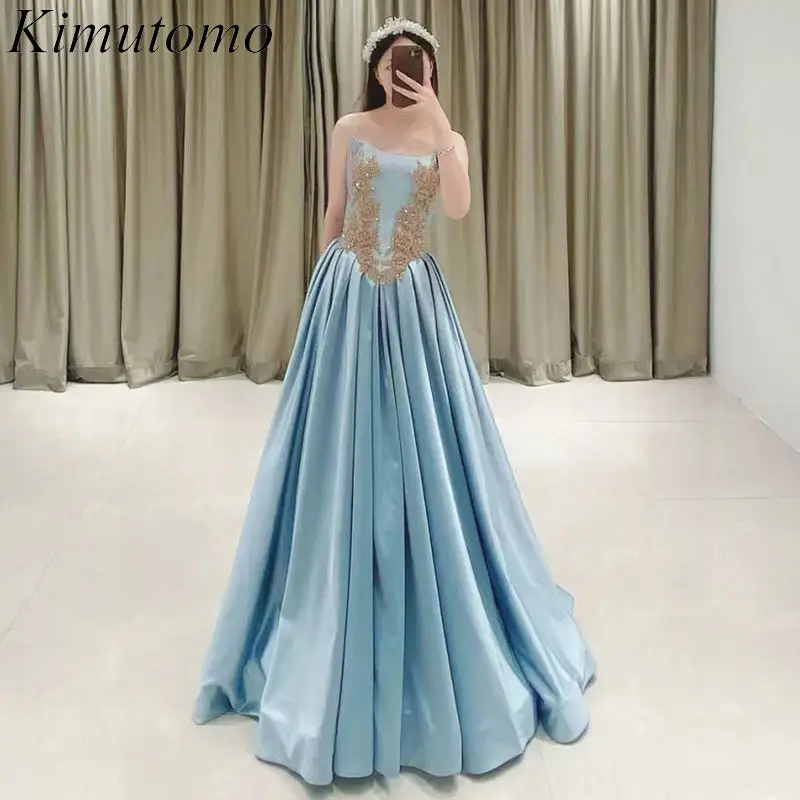 

Kimutomo Beaded Embroidery Prom Dresses Celebrity Style Contrast Sleeveless Maxi Dresses Sweet Pleated Design Evening Gowns