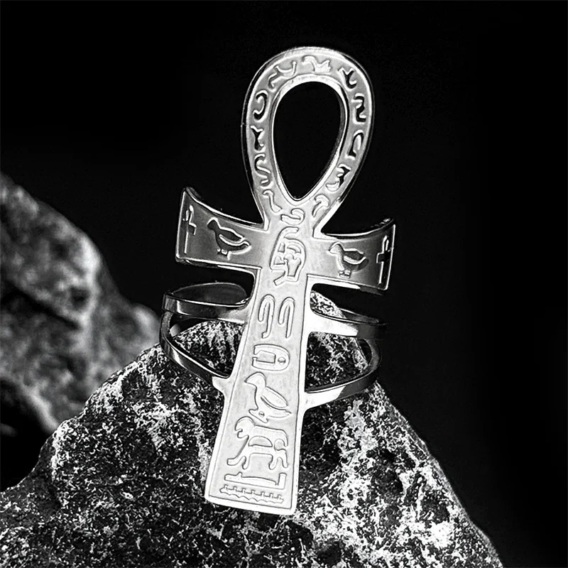 Egyptian Ankh Cross Key Of Life Adjustable Open Rings for Women Men Stainless Steel Mythology Animal Rune Finger Ring Jewelry - Image 3