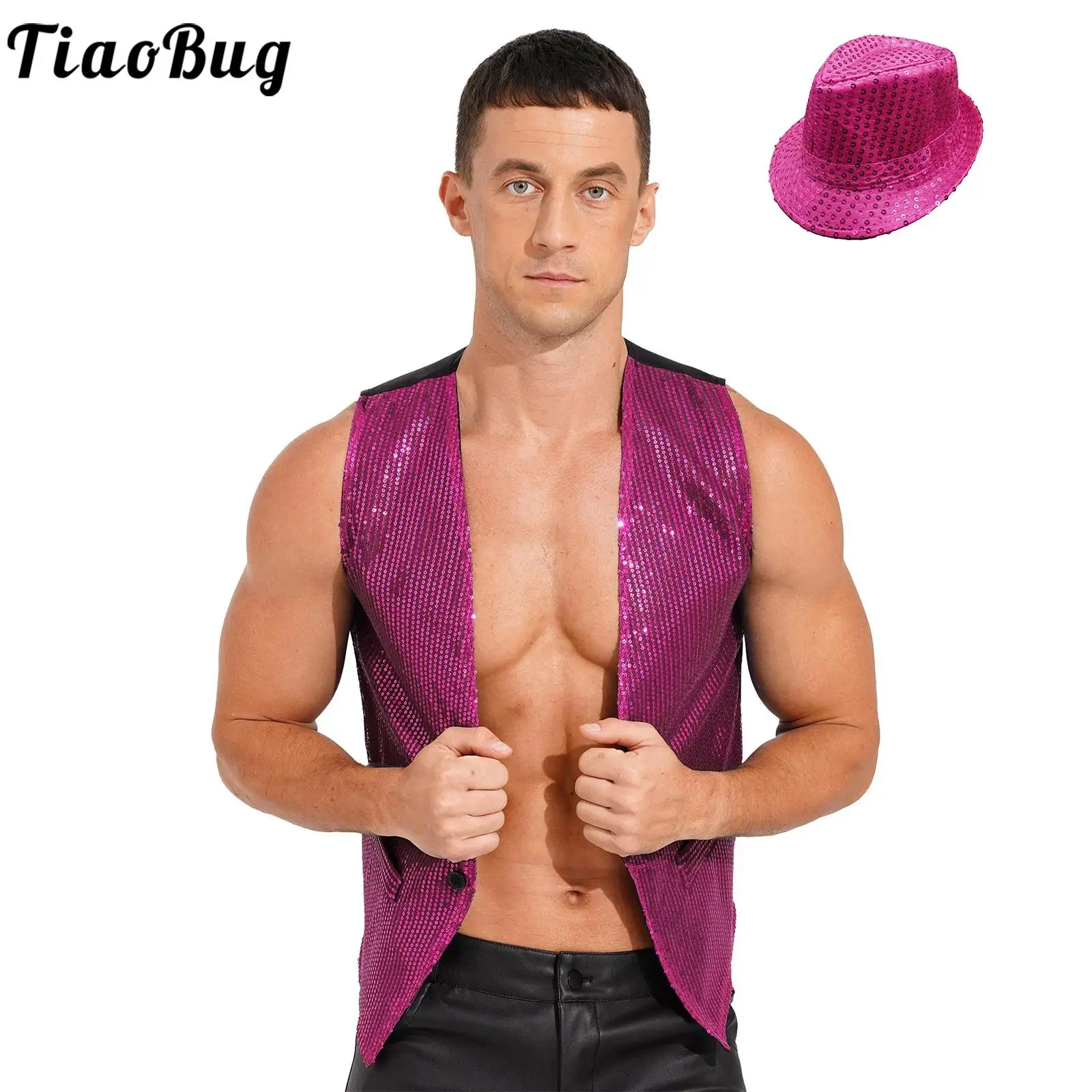 

Mens Womens Glittery Sequined Vest Button Sleeveless Waistcoat with Sparkling Hat for Jazz Dance Party Club Stage Performance