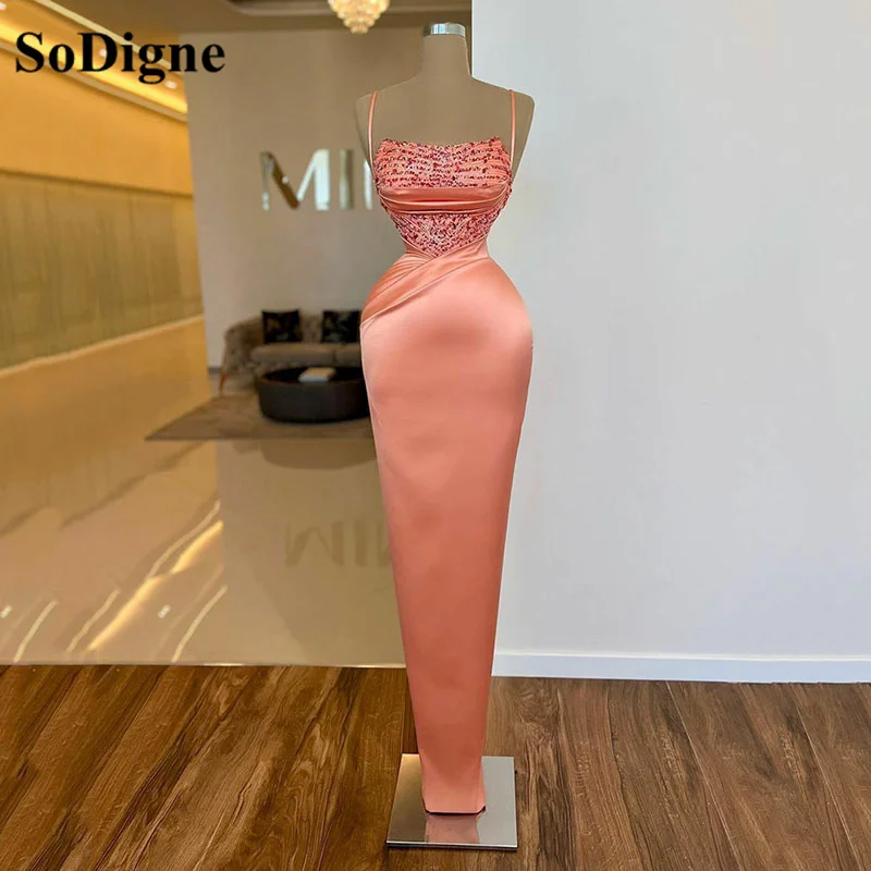 SoDigne Rosa Meerjungfrau Abendkleider Bodenlangen Frauen Perlen Pailletten Prom Party Kleider Spaghetti Formale Party Kleid