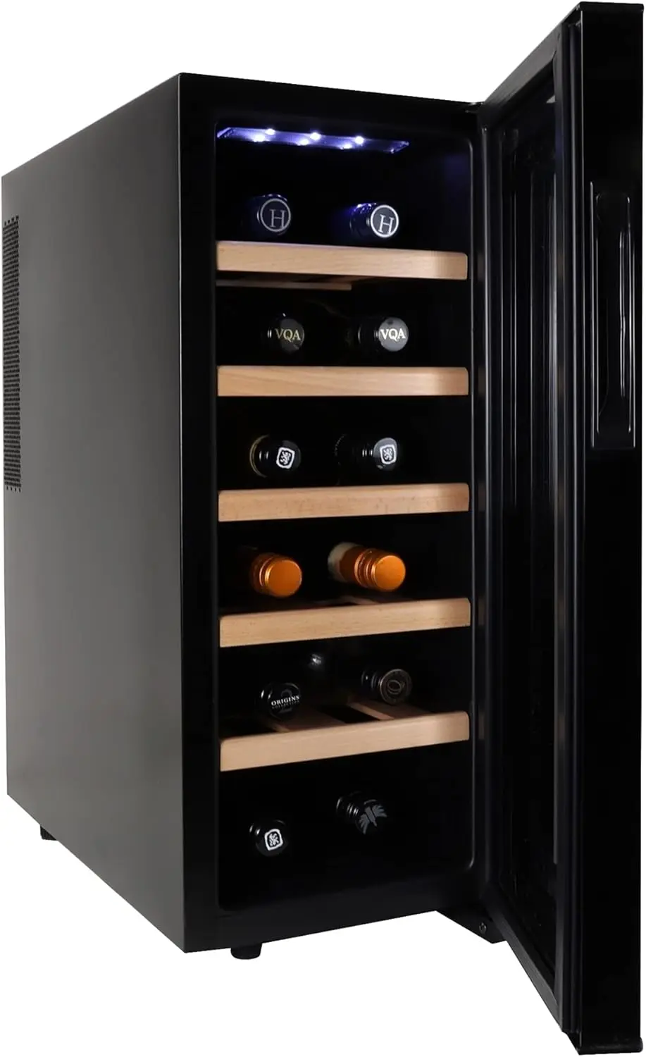 12 Bottle Wine Cooler with Beech Wood Racks, Black, Wine Fridge, 1 cu. ft. Freestanding Ref