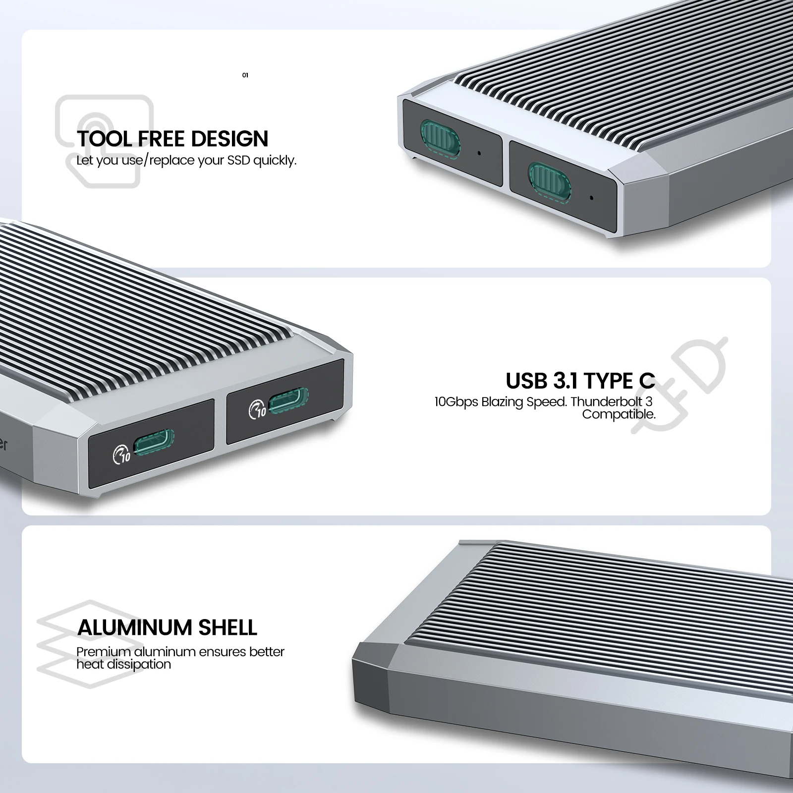Yottamaster 10gbps ferramenta livre dupla baía m.2