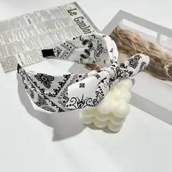 Vintage Boho Bow Print Wide Headbands - Elegant Cross Knot Hair Accessories (White)