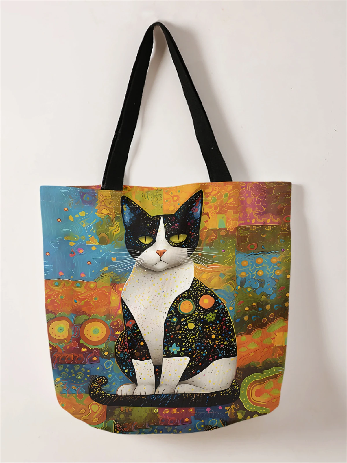 1pc,colorful cat handbag, reusable fashionable handbag, multifunctional handbag, printed canvas shopping bag