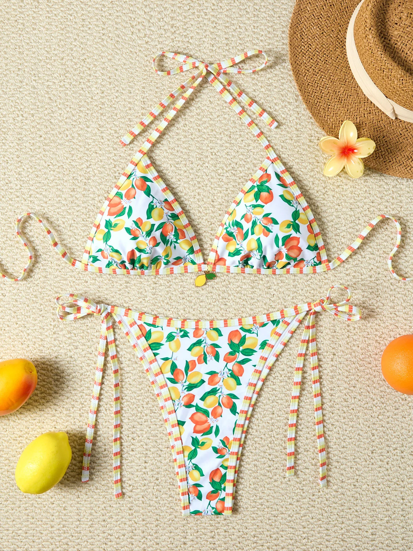 Sexy Fruit Print Bikini Women's Swimsuit Strap Triangle Cup Binding Cross-Border Swimwear Polyester Fabric with Chest Pad