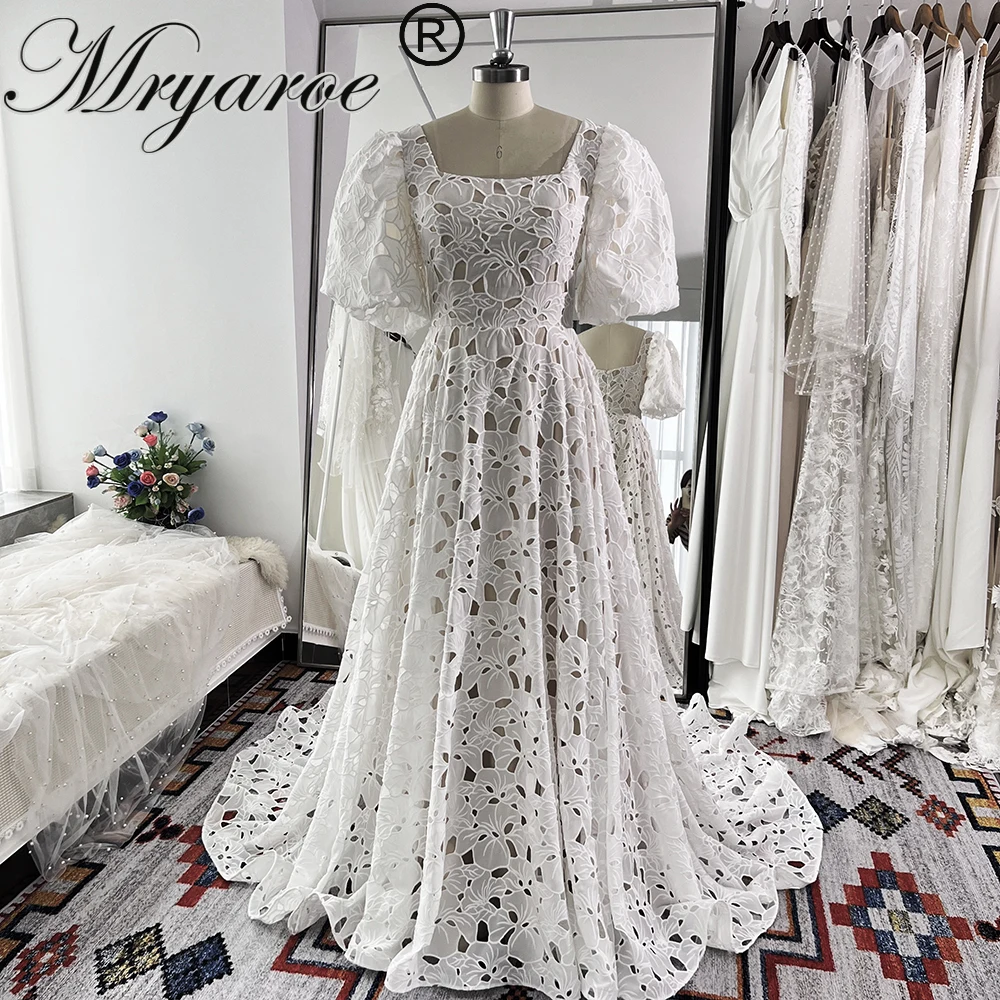 Mryarce quadratischer Hals aus geschnittene Spitze neue Mode Brautkleider eine Linie Brautkleider mit Blasen ärmeln