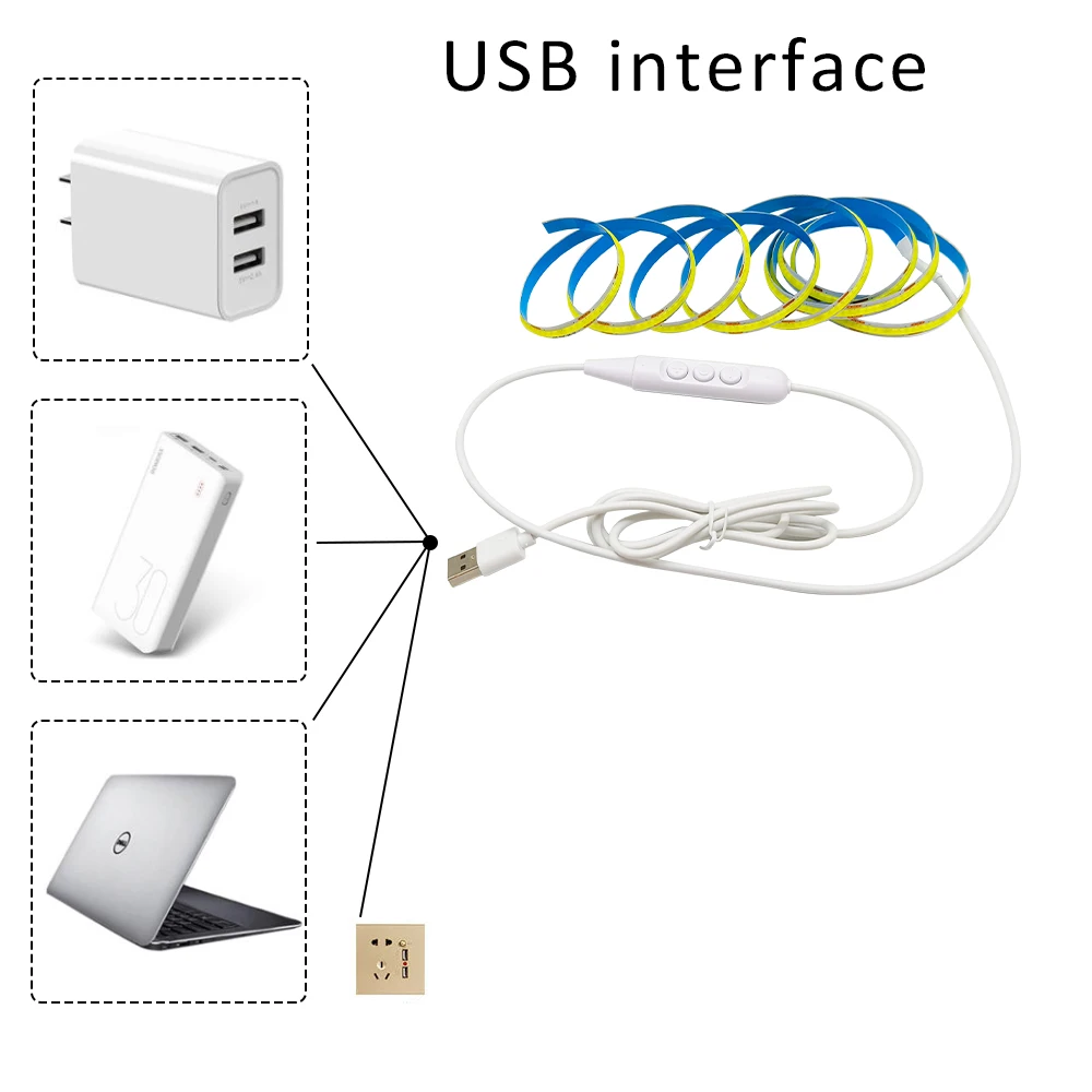 5V USB 320leds/m COB LED 스트립 라이트 1M 2M 3M WW CW NW 조절 가능한 ON/OFF 스위치 TV 백라이트 캐비닛 조명