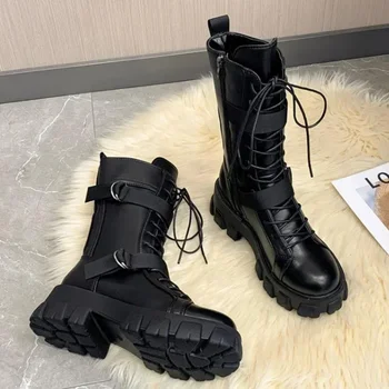 Women Mid-Calf Boots Pring Motorcycle Boots Women's Cosplay High Boots Punk Gothic Black High Heel Shoes Women Long Knight Boot 1