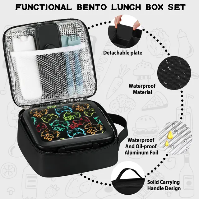 Boîte à déjeuner Bento pour enfants avec pot alimentaire isolé sous vide de 8oz, sac à déjeuner, sac de glace et fourchette et cuillère pliables, anti-fuite 2