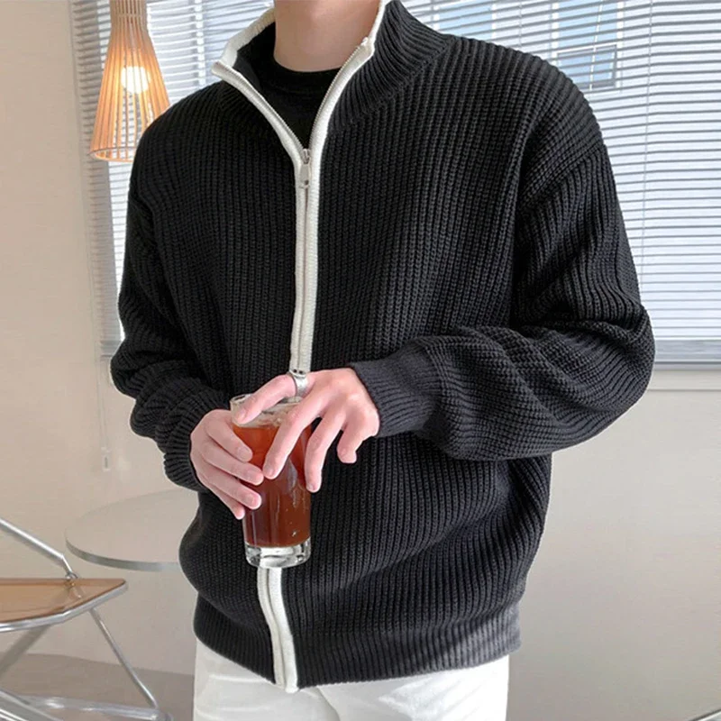 2024 Winter Men's Luxury Knitted Zipper Cardigan Sweater Stand Collar Solid Color Long Sleeve Casual Streetwear Loose Coat