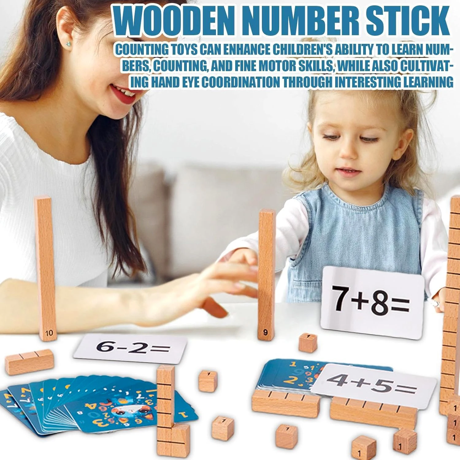 Wooden Math Toys Number Counting Puzzle Building Block Montessori Educational Toys Teaching Tool Game for Preschool Boys Girls 2