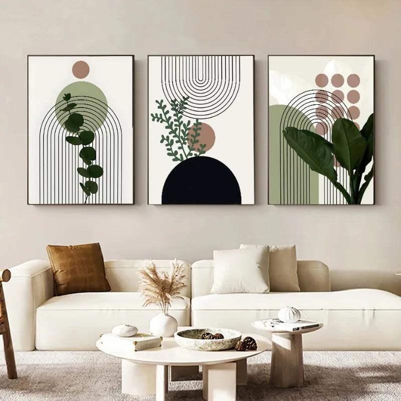 3 Pieces Bohemian Light Frameless Canvas Painting Simple Green Leaves Plant Poster Simple Lines Bedroom Decorative Wall Art 3