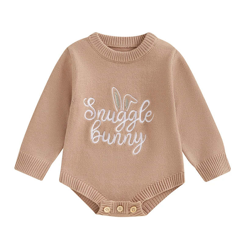 FOCUSNORM 0-18M Schöne Baby Mädchen Jungen Ostern Pullover Strampler Langarm Brief Kaninchen Stickerei Strickwaren Overalls – Detail 4