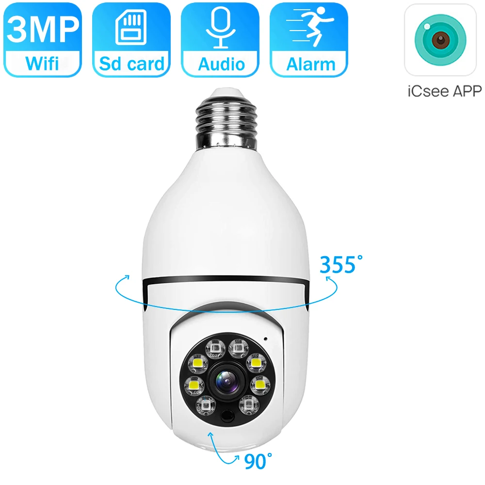 3MP Wifi E27 Bulb Camera 4X Digital Zoom Colorful Nightvision Wireless PTZ IP Camera ICsee HD 2K Indoor Video Security Monitor