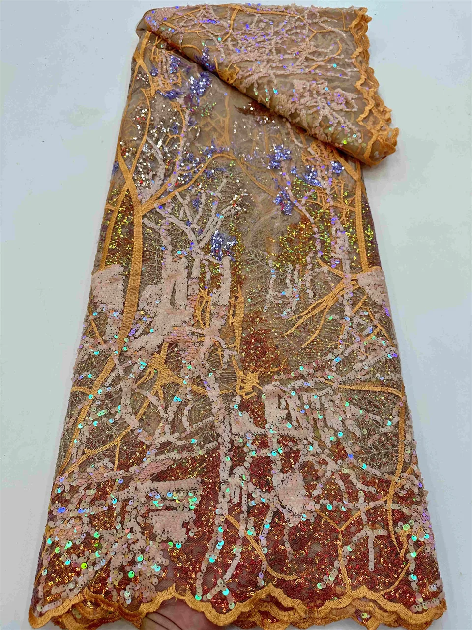 High Quality African Lace Fabric French Net Sequins Fabric Sewing Embroidered Lace Tulle Nigerian 5Yards RF5777