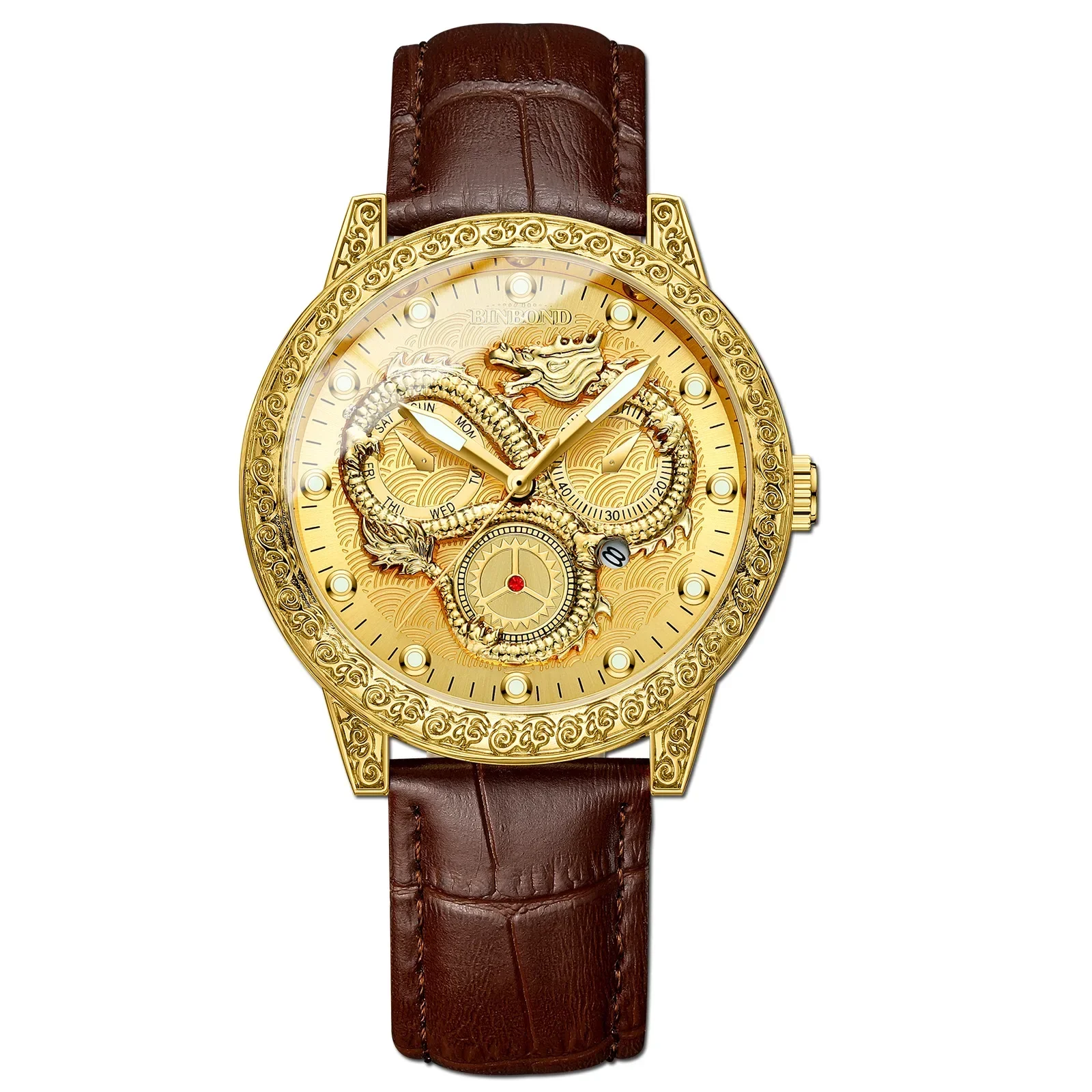 

Fashion Gold Carved Dragon Watch Men Leather Strap Waterproof Luminous Calendar Mens Watches Top Brand Luxury Relogio Masculino
