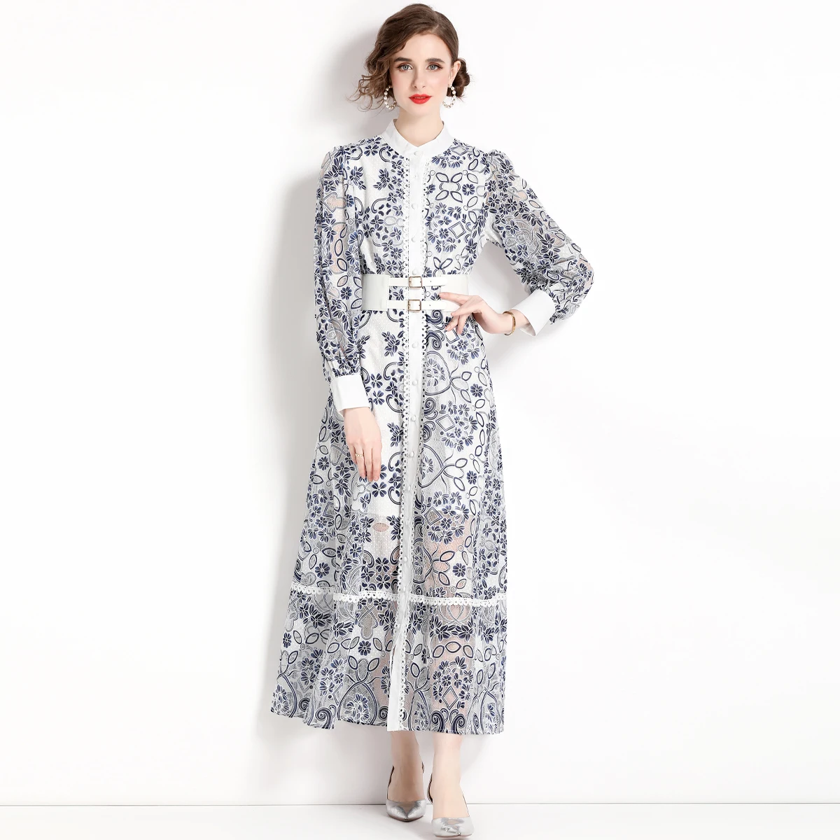 

AELEWELL Fashion Runway Spring Dress Women's Lantern Sleeve Belted Single Breasted Hollow Out Elegant Long Party Vestidos A1953