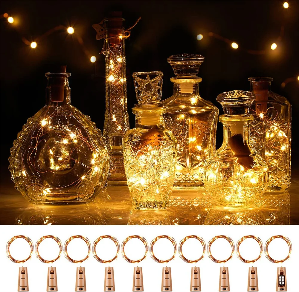 thumbnail image 1 of Paquete de 10 luces LED para botellas de vino, cadena de luces de alambre de cobre, luz blanca cálida, tapón de botella, lámpara de ambiente para Navidad y vacaciones, 1 of 4