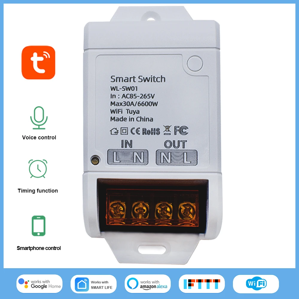 

Wifi 30A 6600W Relay Module 85-265V 220V Smart Switch Controller SmartLife Tuya APP Remote Control Alexa Google Home Automation