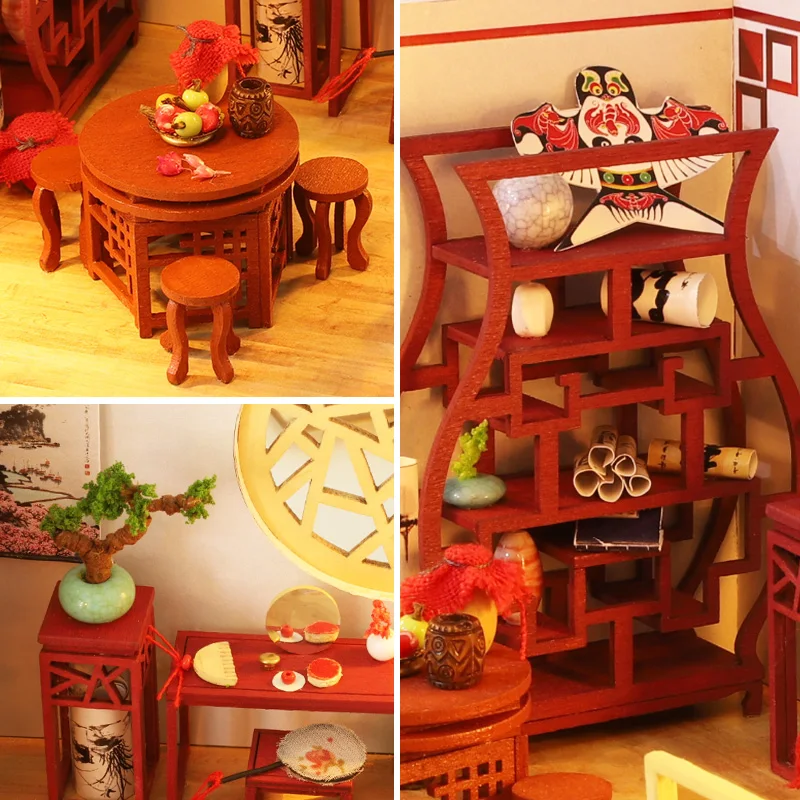 DIY 나무 인형 집 미니어처 건물 키트, 가구 조명 포함, 중국 고대 카사 조립 인형 집, 소녀용 선물