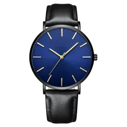 Minimalist Unisex Elegant Leather Strap Quartz Wristwatch (Black  blue)