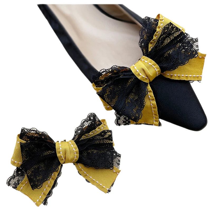 

2 Pcs Yellow Bow Shoe Clips Black Lace Shoe Embellishment Detachable Ladies High Heels Shoe Buckle for Pumps DIY Accessories