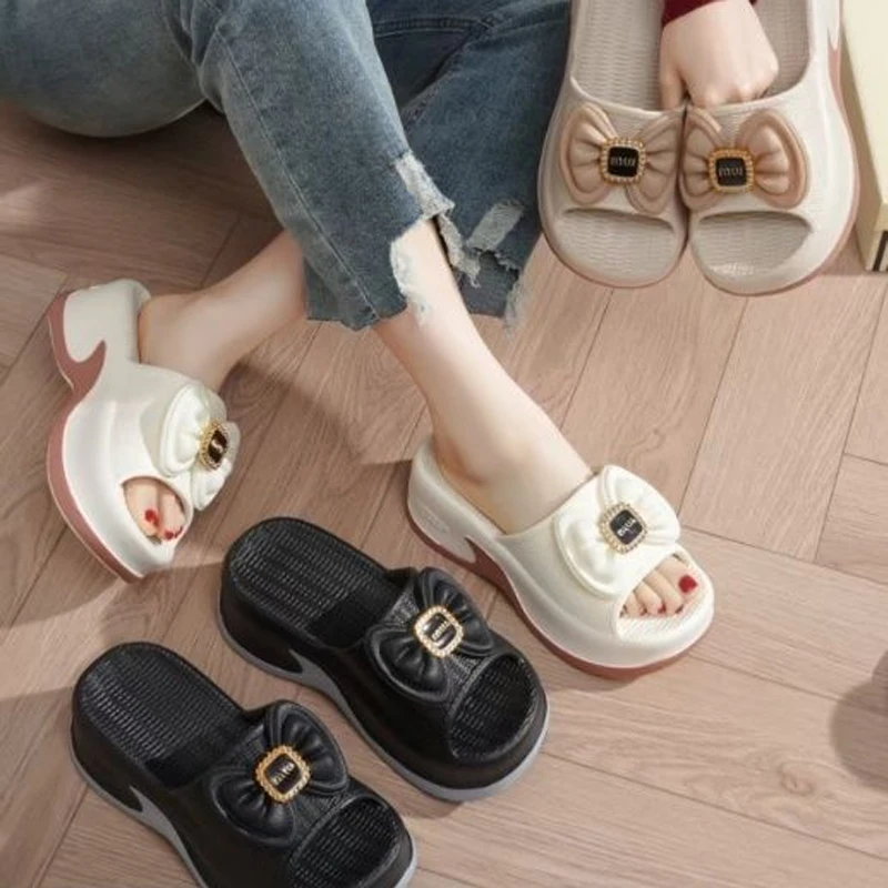 Women Summer EVA Flip Flops Thick Soled Elevated Bow Slippers